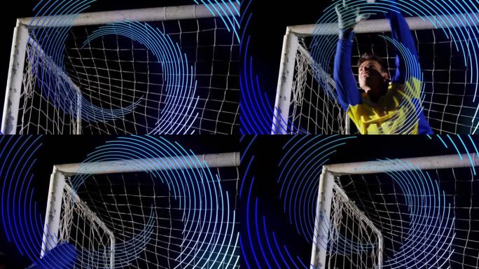 蓝线螺旋旋转男子足球守门员扑救球门的动画