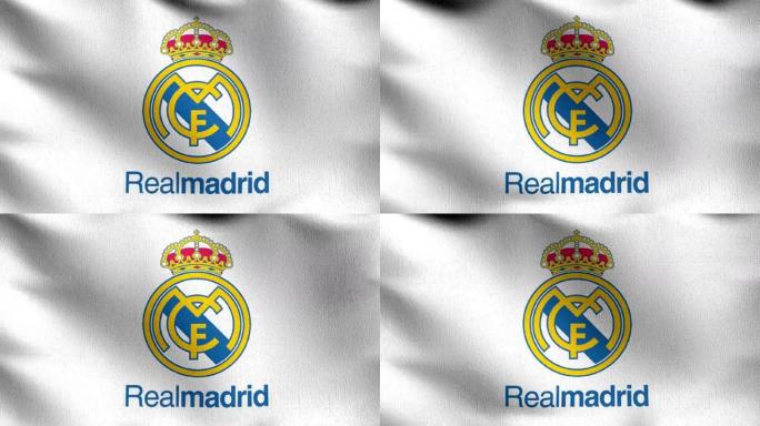 皇家马德里的旗帜在风中飘扬。英超足球俱乐部的标志。足球冠军。3 d演示。体育团队游戏。