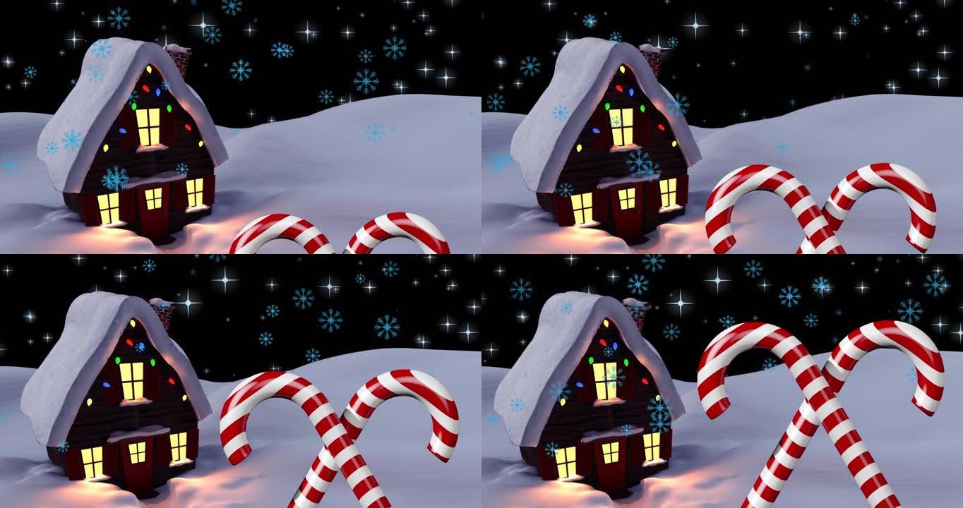 圣诞节糖果手杖和冬季景观上的房屋飘落的动画