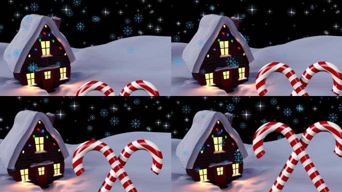 圣诞节糖果手杖和冬季景观上的房屋飘落的动画