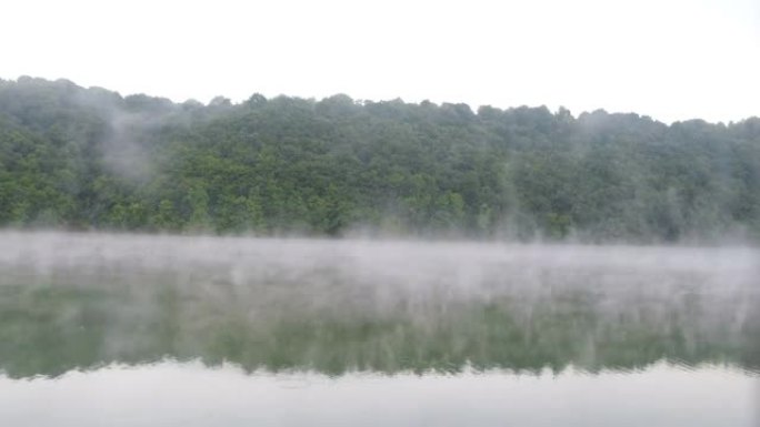 带河流的森林上空的延时雾。美丽的早晨风景。