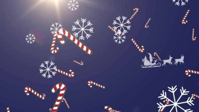 雪花和糖果手杖图标落在被驯鹿拉着的雪橇上的圣诞老人上