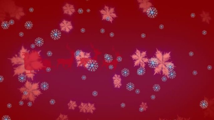 雪花漂浮在雪橇上的圣诞树上，被红色背景上的驯鹿拉动