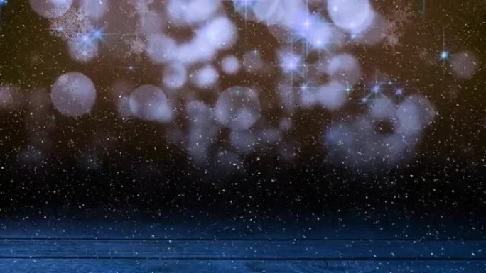 带有复制空间和木质表面的雪落在发光光点上的动画