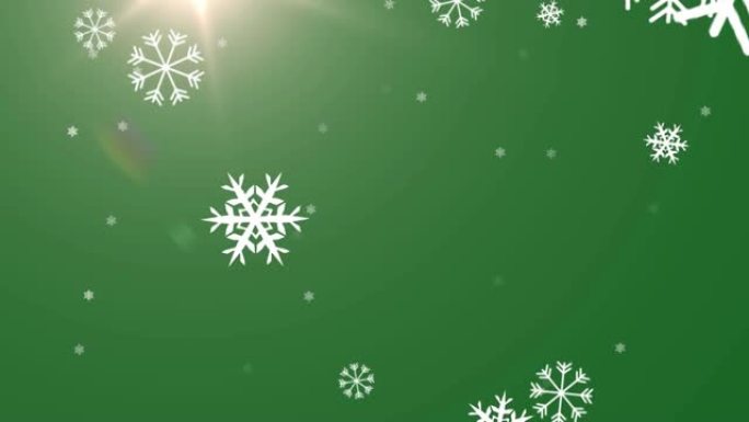 雪花落在绿色背景上的光斑上的数字动画