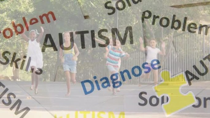 彩色拼图和自闭症文字在学童身上的动画