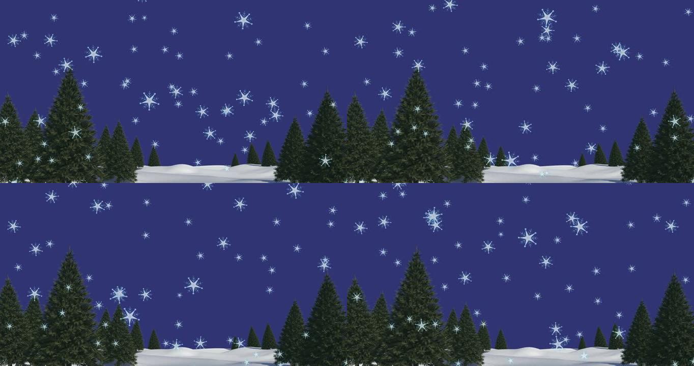 在蓝色背景下的冬季景观上，多颗星星落在树木上