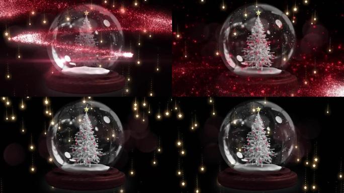带有圣诞树的玻璃球动画，星星落在黑暗背景上