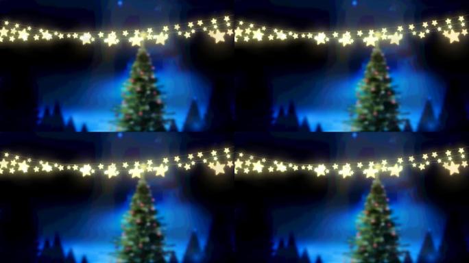 圣诞树和冬季景观上发光的童话般的动画