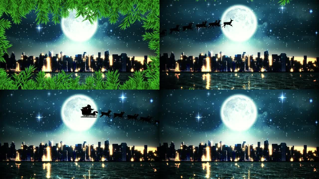 绿树树枝上的圣诞老人在雪橇上被驯鹿拉到城市景观上