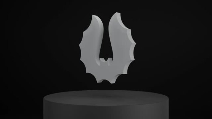 3d建模灰色蝙蝠剪影漂浮在黑色背景的黑暗讲台上方。万圣节节日派对概念3d渲染元素