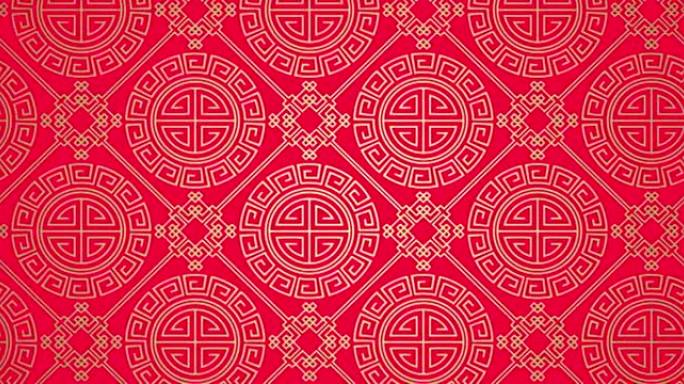 动画传统日本纹理。红色上的东方几何金色图案。摘要春节的无缝背景。4k素材视频卡从左到右或从上到下移动