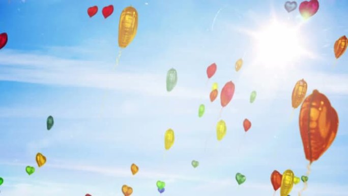 蓝天背景上的多个爱心气球动画