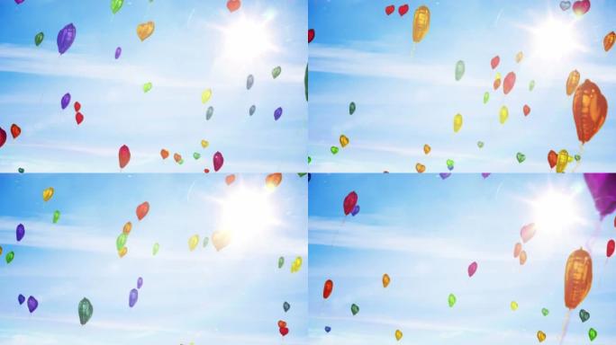 蓝天背景上的多个爱心气球动画