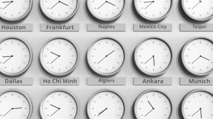 时钟显示阿尔及利亚阿尔及尔不同时区之间的时间。3D动画