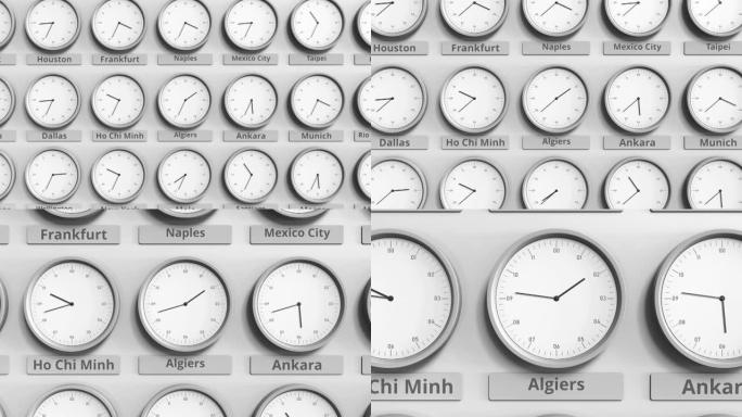 时钟显示阿尔及利亚阿尔及尔不同时区之间的时间。3D动画