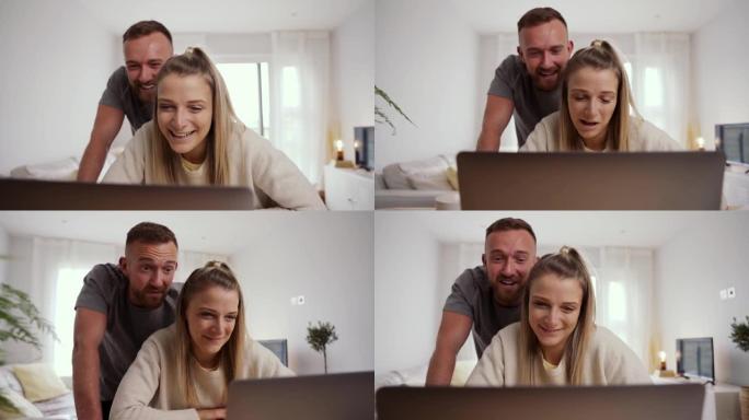 白人丈夫和妻子坐在家里与家人进行视频通话