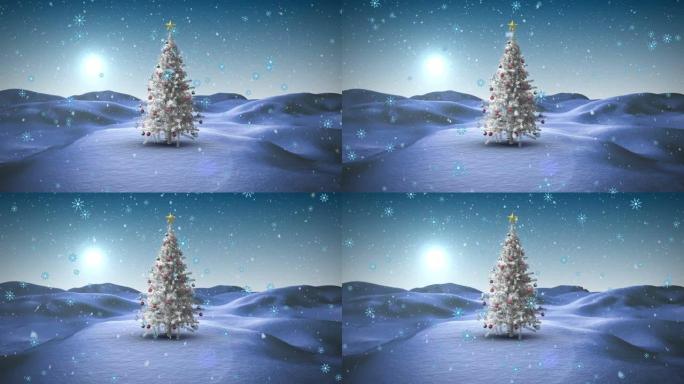 雪花图标漂浮，雪落在冬季景观上的圣诞树上