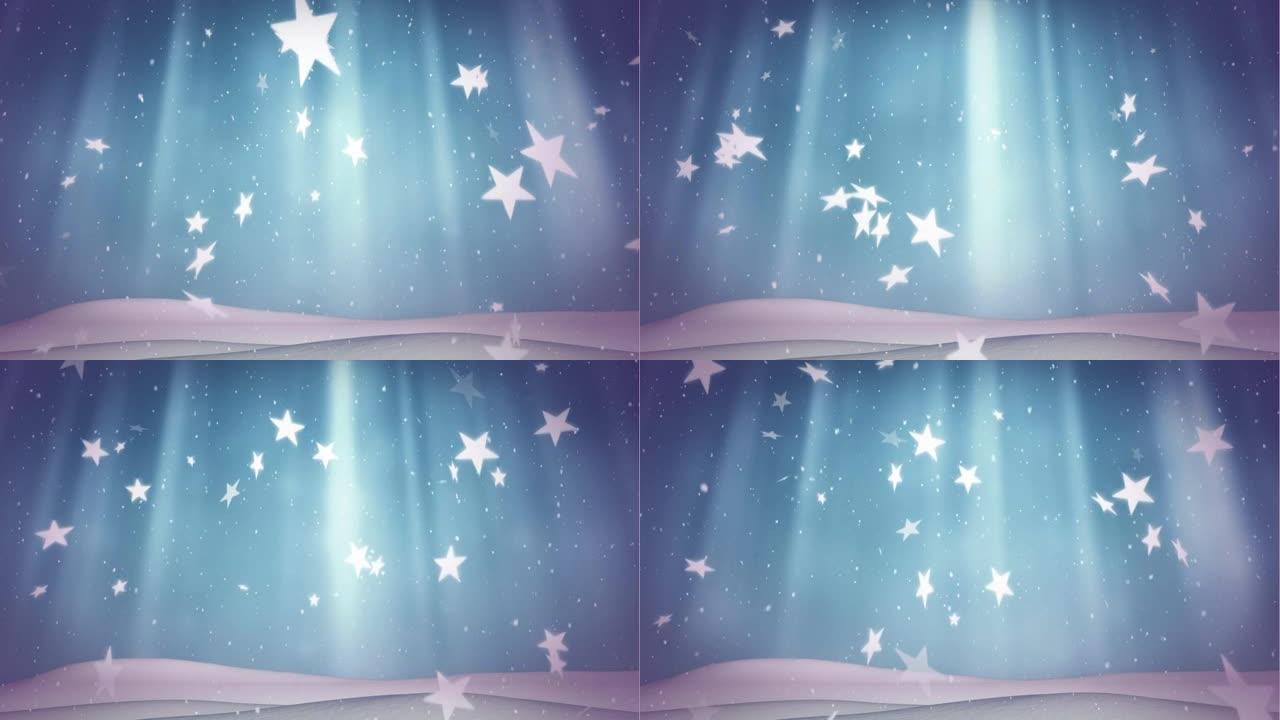 蓝色背景上掉落的光迹，雪和星星的动画