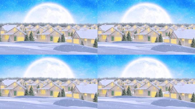 圣诞节装饰房屋，下雪和月亮的动画
