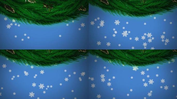 圣诞花环装饰和雪花图标落在蓝色背景下