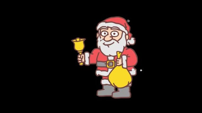 圣诞老人敲钟，手里拿着一袋礼物，微笑着飘落的雪。逐帧动画。阿尔法通道