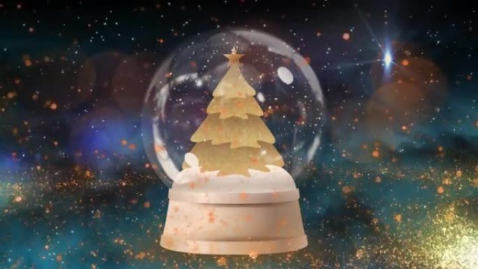 金色流星在雪球中围绕圣诞树，蓝色背景上闪耀着星星