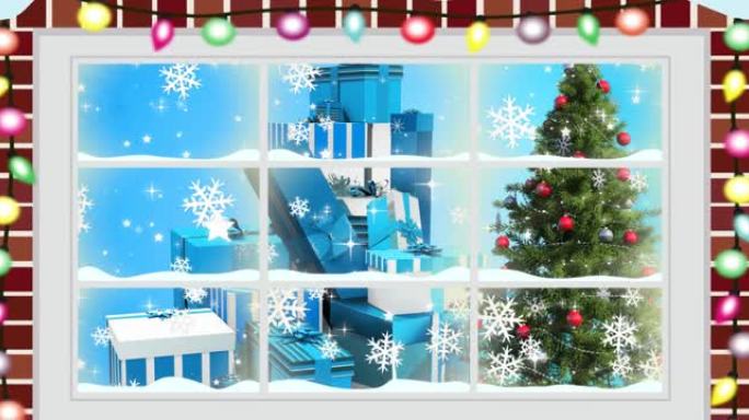 从窗户看到的圣诞树和礼物的动画