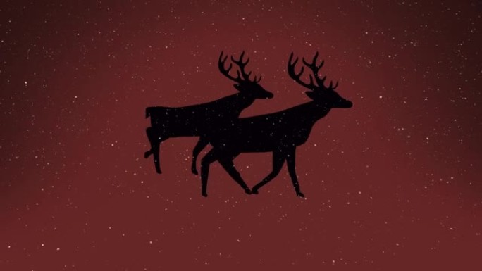 红色背景下圣诞节驯鹿上的雪的动画