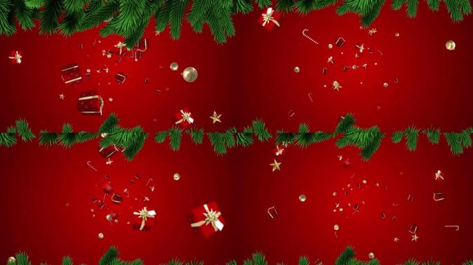 圣诞树树枝上的圣诞礼物，小玩意和糖果棒图标漂浮在红色背景上