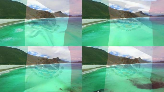 数字组成挥舞的墨西哥国旗对海浪在海的鸟瞰图