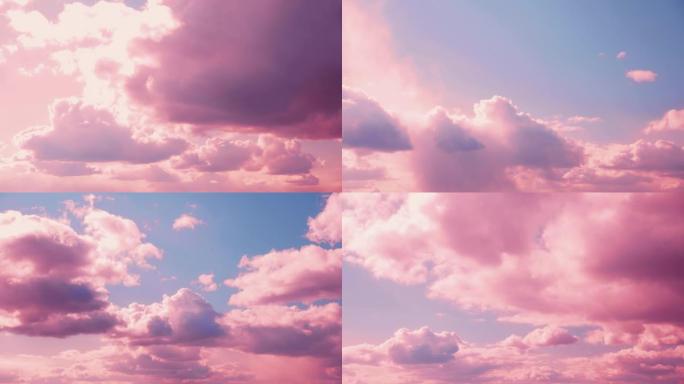 淡淡的多云粉红色和蓝色的天空，有蓬松的云。自然背景全高清延时。色调天空背景