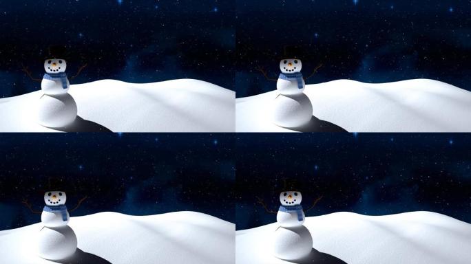 雪落在冬天的雪人上，面对夜空中蓝色的星星