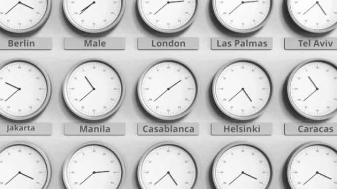 时钟显示摩洛哥卡萨布兰卡不同时区的时间。3D动画