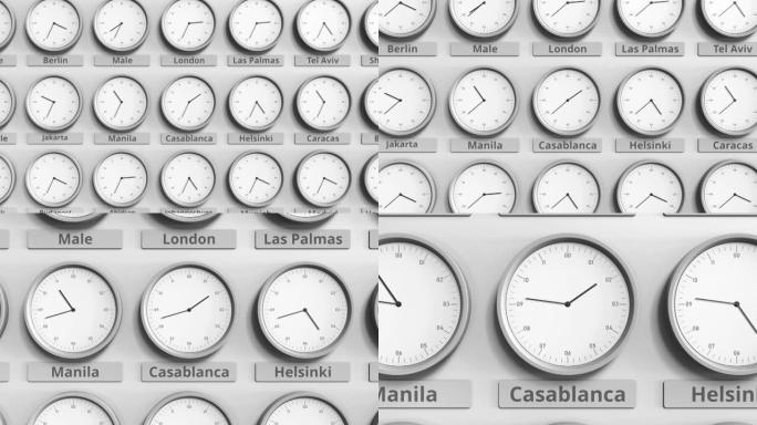 时钟显示摩洛哥卡萨布兰卡不同时区的时间。3D动画