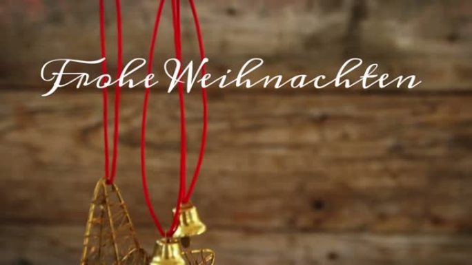 金色铃铛圣诞装饰品上的德语问候文字动画