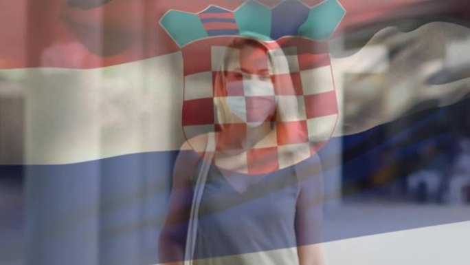 在covid 19大流行期间，克罗地亚国旗挥舞着戴着口罩的女人的动画