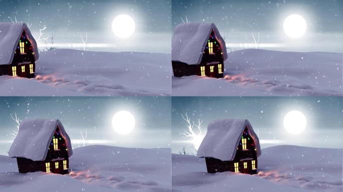 雪落在冬天的房屋上，夜空中的月亮