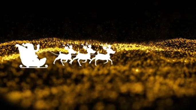 圣诞老人在雪橇上与驯鹿的动画落在黑色和金色背景上