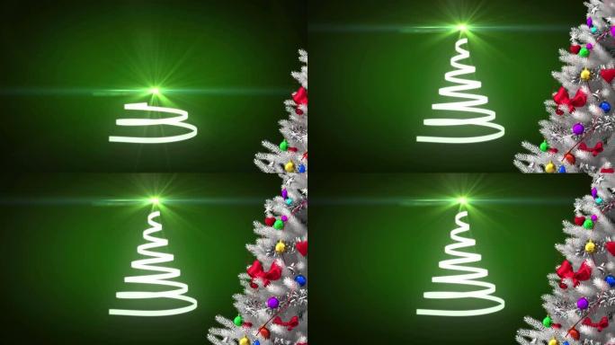 绿色背景上白色丝带形成的圣诞树动画