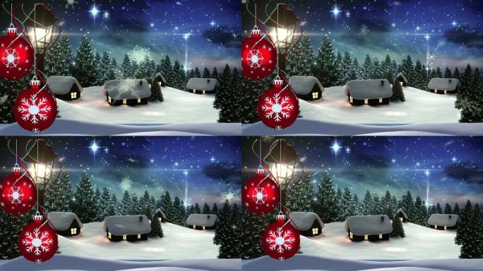 冬天风景下的雪花和圣诞节在房屋上的动画