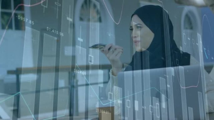 使用智能手机在头巾中对女性进行财务数据处理的动画