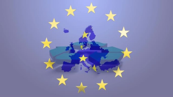 紫色背景上的回收标志上的欧盟国旗和欧洲地图的动画