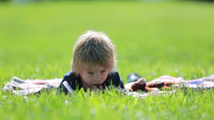 可爱的蹒跚学步的孩子，金发男孩，在公园里玩放大镜，在图画书里画画