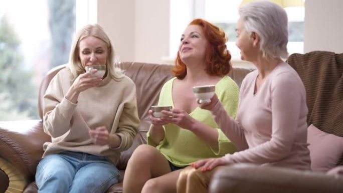 放松的高加索女性周末在家室内闲聊喝茶。欢笑快乐的朋友聊天微笑坐在客厅舒适舒适的沙发上