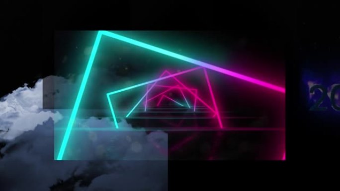 霓虹灯方块在云层和黑色背景上循环旋转的动画
