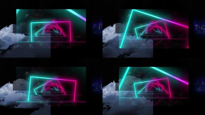 霓虹灯方块在云层和黑色背景上循环旋转的动画