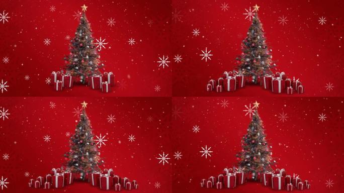 圣诞树和礼物上飘落的雪花动画