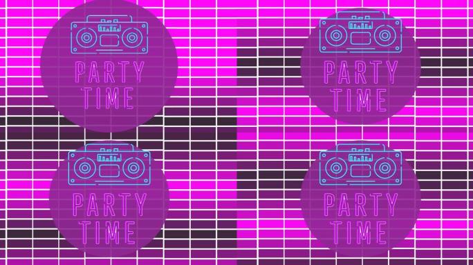 紫色背景上网格上的聚会时间文本动画
