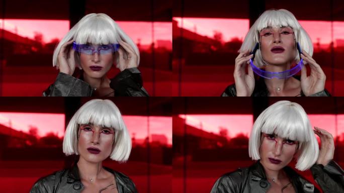 艺术赛博朋克视频，一个戴着发光眼镜的女人。该视频具有谷物，噪音的效果